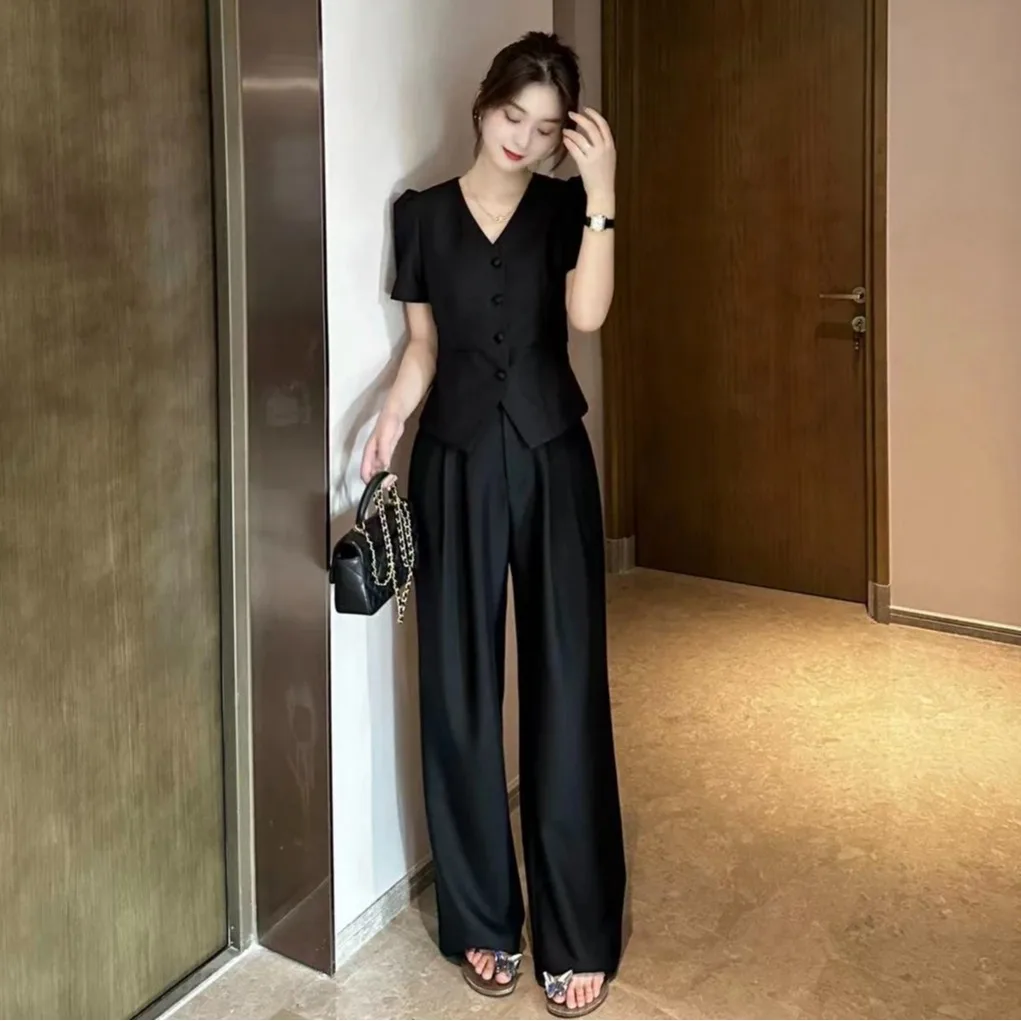 Chic Professional Two-Piece Set 2025 New Style Versatile Slimming Short Sleeve Top Casual Wide Leg Pants Small Fragrance Style