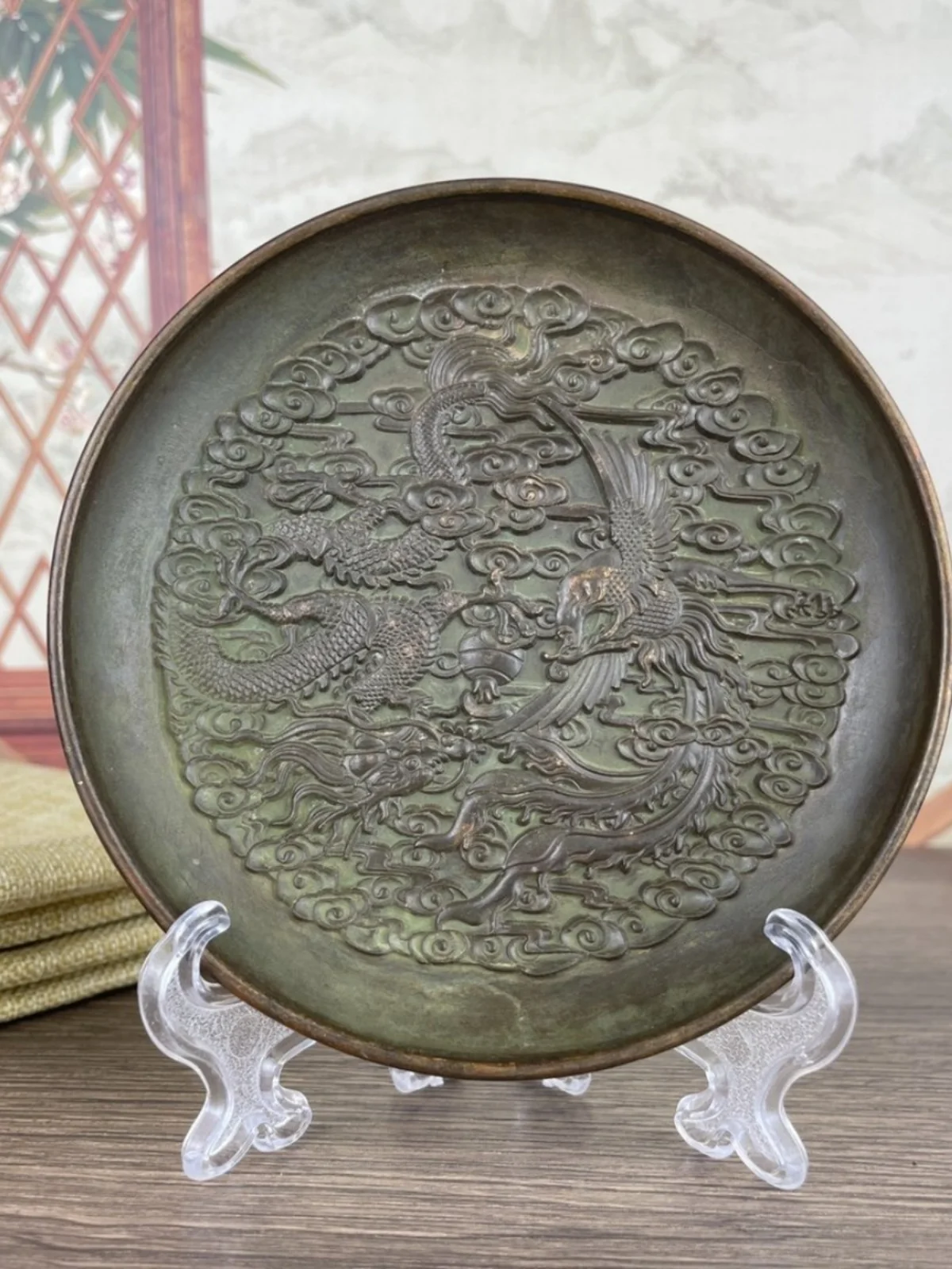 

Antique Dragon and Phoenix Plate Desktop Carving Exquisite Home Office and Study Desktop