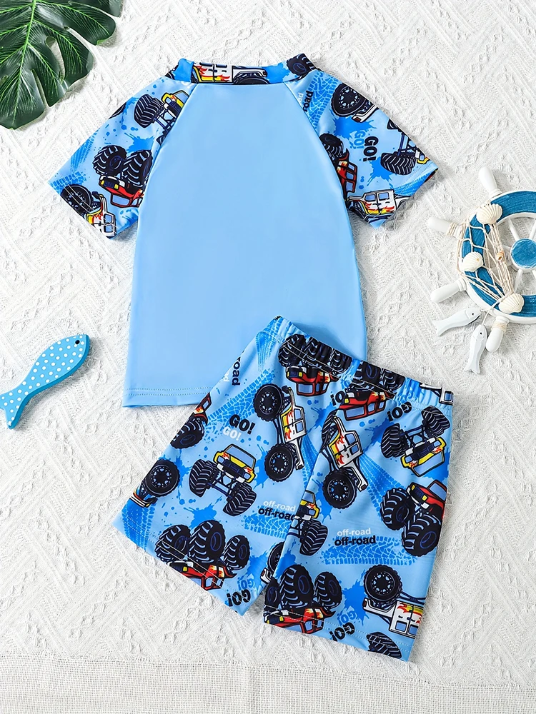 2 Piece Boys Summer Cartoon Car Print Short Sleeve Swimsuit and Swim Suit