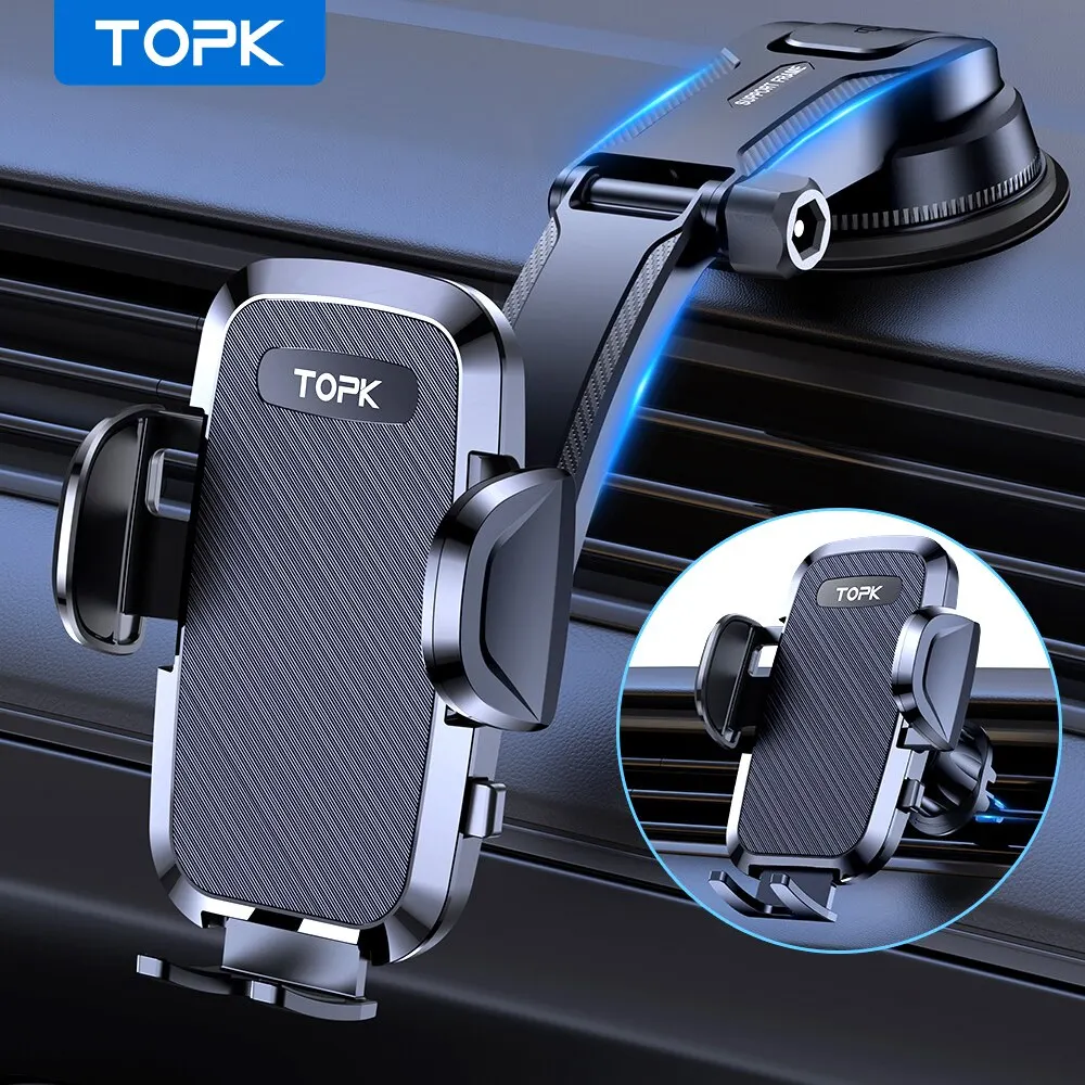 

Автомобильный держатель для телефона TOPK с креплением 2-в-1, Handsfree Stand, держатель для телефона для приборной панели и вентиляционного отверстия, совместимый с iPhone Samsung Android
