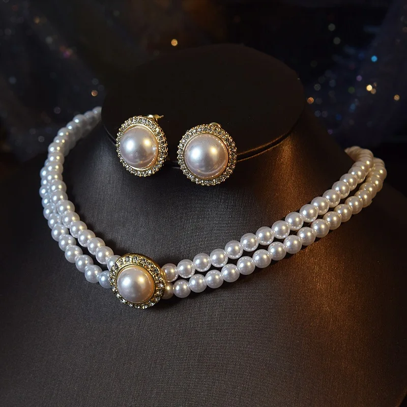 Women Elegant Pearl Double Layers Necklace Earrings Exquisite Vintage Classic Chains For Lady Party Wedding Retro Jewelry Choker