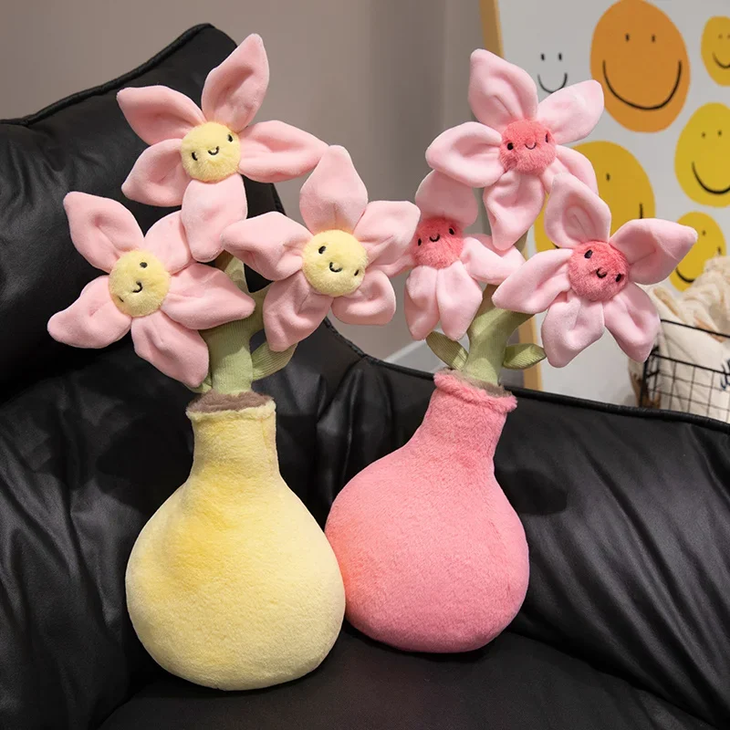 Criativo realista planta rosa pêssego flor brinquedo de pelúcia boneca bonito recheado vaso decoração do quarto fotografia adereços para meninas presentes