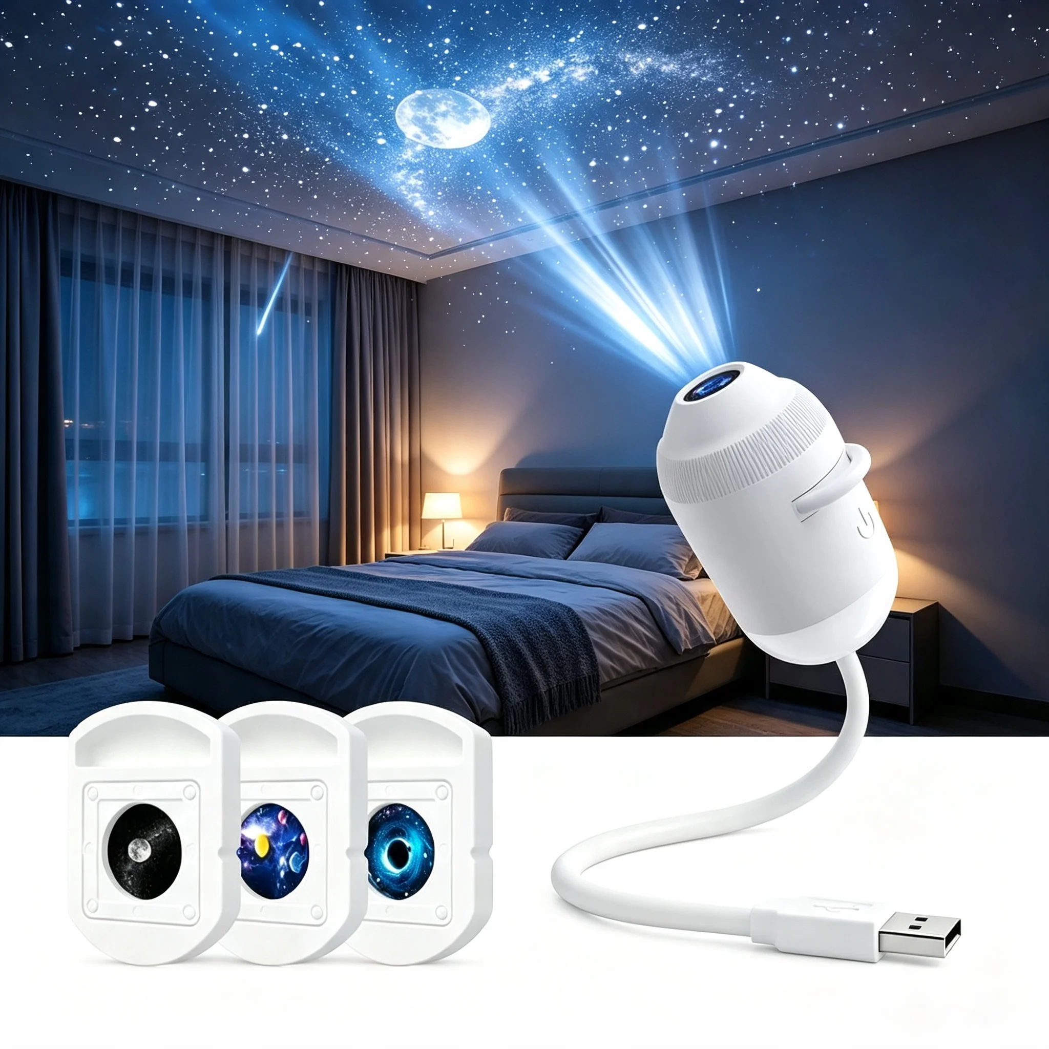 USB Starry Sky Projector Lamp Car Interior Star Galaxy Projection Ambient Lighting 360° Adjustable Night Light For Home Bedroom