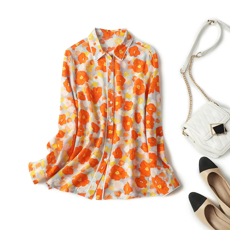 Birdsky, 1PC Women office lady long sleeve shirts blouse shirt Top 100% real mulberry silk flower print. S-478