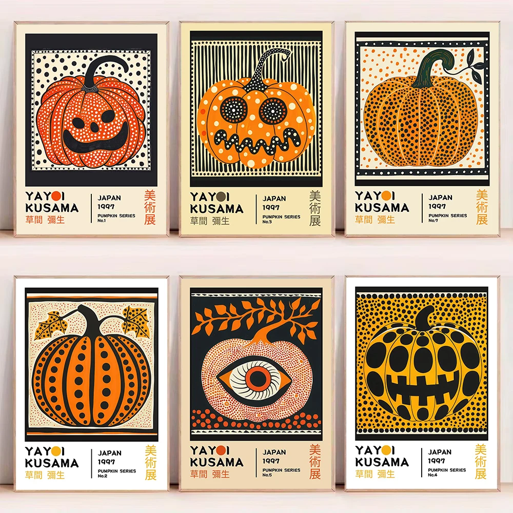 Japanese Yayoi Kusama Pumpkin Series Canvas Wall Art - Frameless Modern Abstract Halloween Artworks for Living Room Decorations