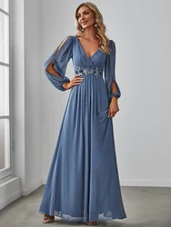 Abito da sera formale a maniche lunghe con scollo a V in Chiffon sempre abbastanza elegante lunghezza del pavimento maniche lunghe a lanterna abiti formali