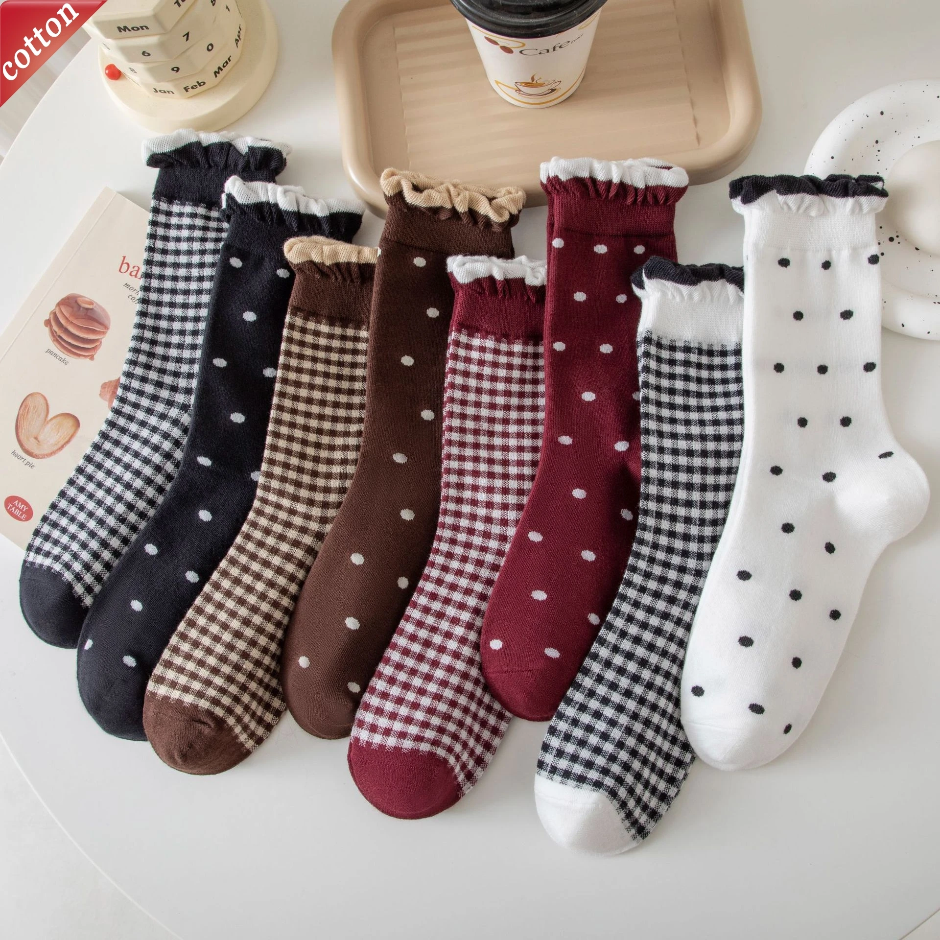 1/5 Paar Damensocken, japanische gerollte Kante, Lolita, gepunktet, kariert, Spitze, Preppy-Stil, Komfort, hochwertige Baumwollsocken für Mädchen