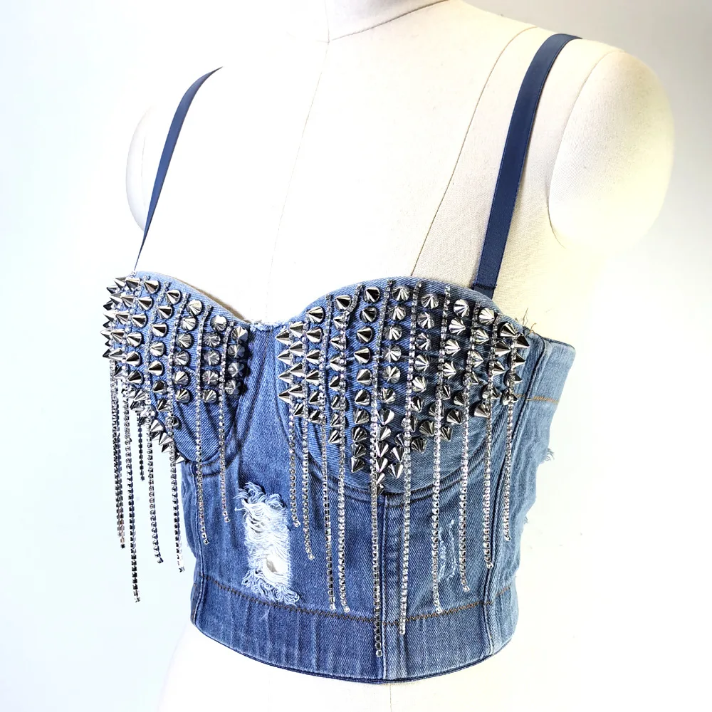 ripped denim bra, outer wear underwear, integrated fixed cup, beautiful back tube top, diamond beads, fringed sling