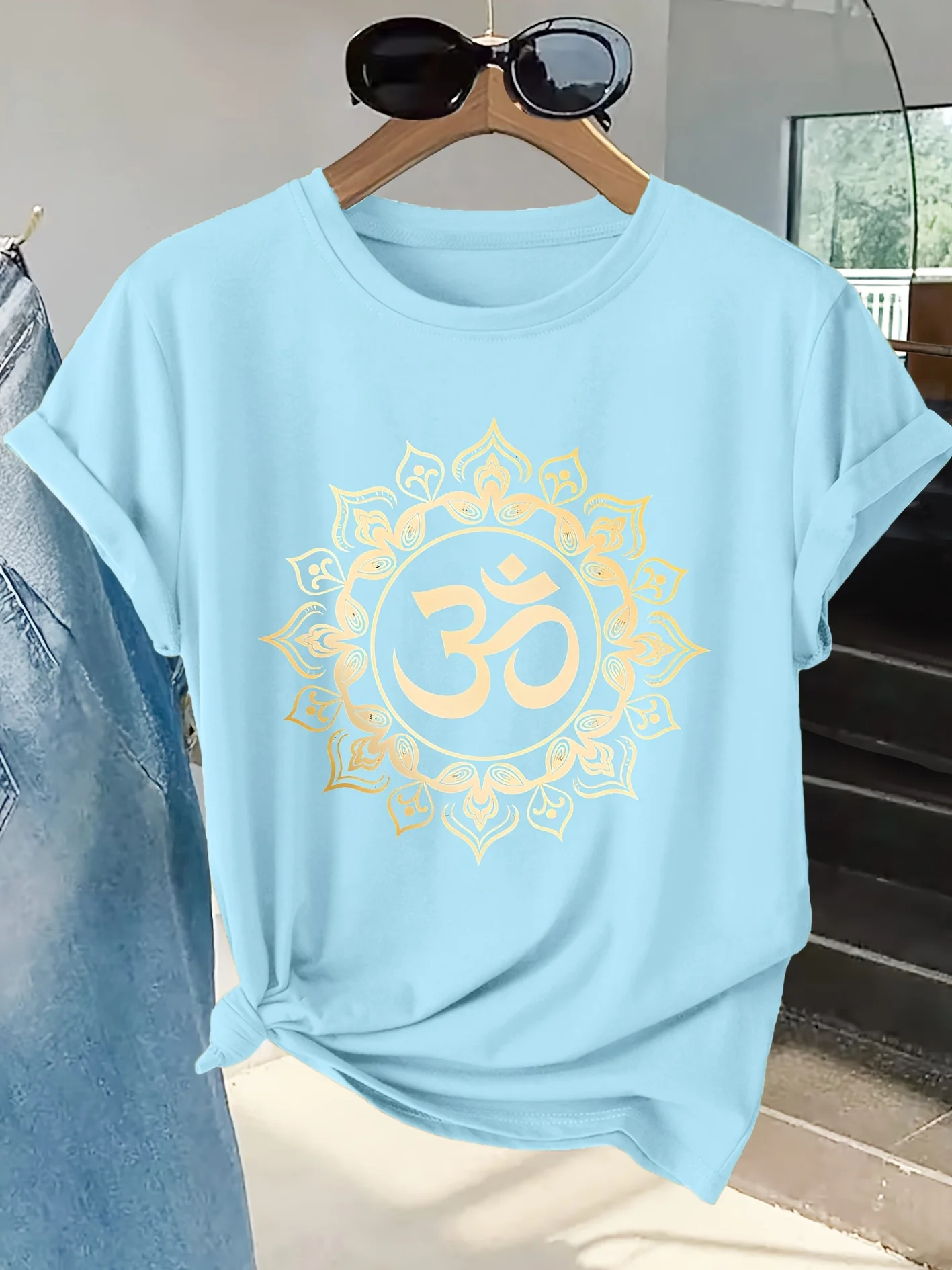 Women's Short Sleeved T-shirt with Gold Mandala OM Totem Print Round Neck Skin Friendly Soft  Summer Zen Leisure Daily Life