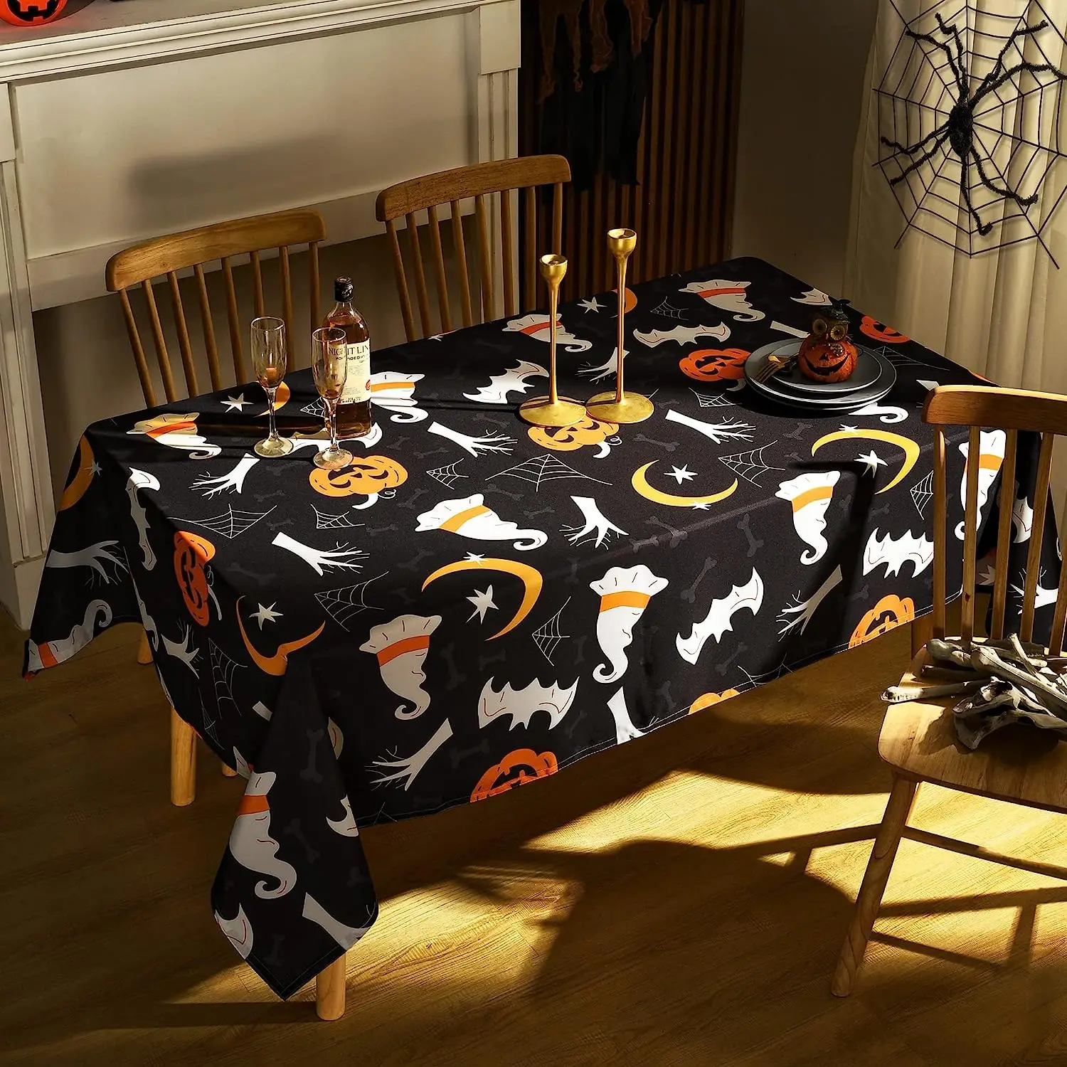 

Halloween Rectangle Tablecloth Washable Horror Theme Tablecloth for Coffee Table Kitchen Holiday Dinner Party Decoration