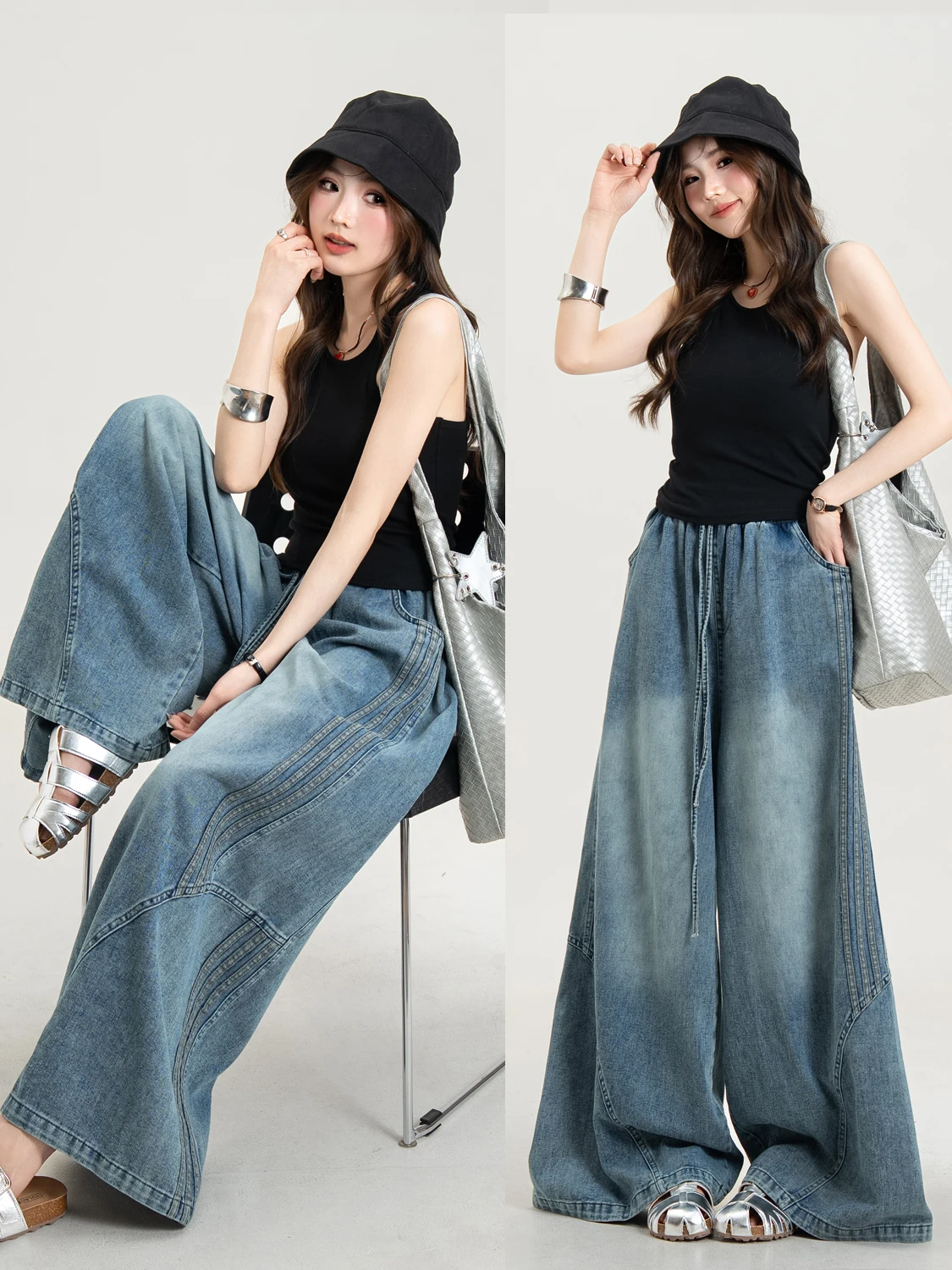 

MS Original Salt-Washed Vintage Blue Striped Patchwork Jeans Women's Spring Summer Loose Casual Wide Leg Straight Cut Pants