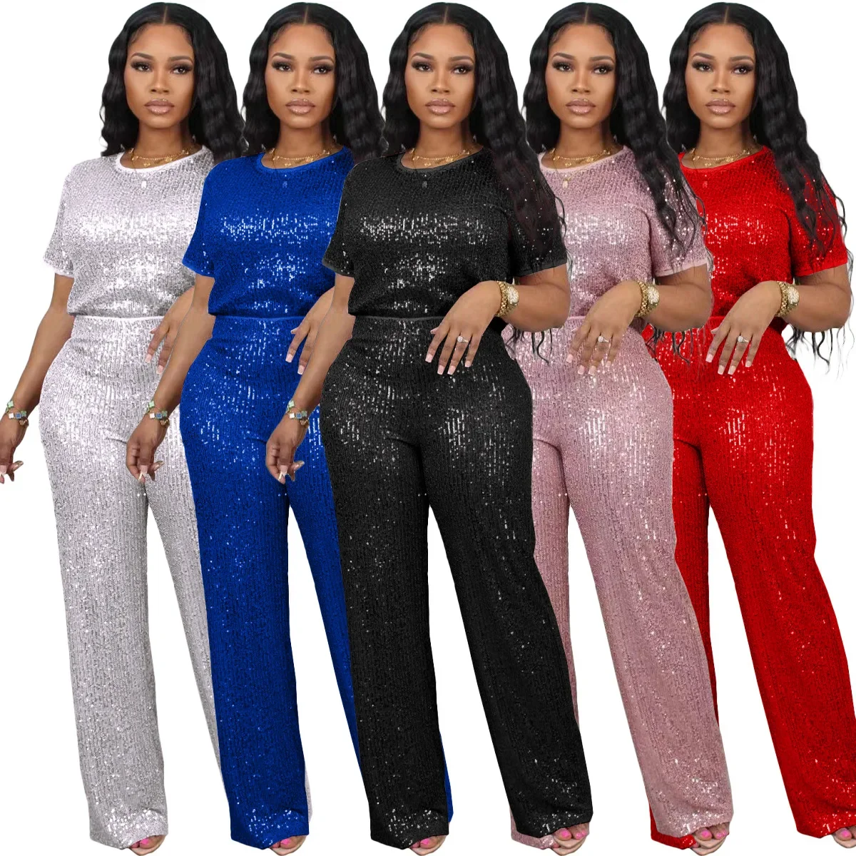 

Women Pant Sets Two Pieces O Neck Pullovers Shirts Wide Leg Pants Tracksuit Ankle Length Pockets Loose Casual Sequins Solid 2025