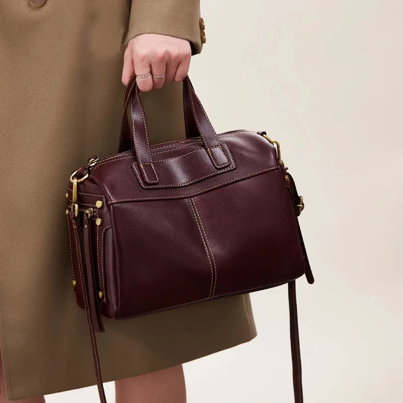 

Women Natural Cowhide Large Capacity Shoulder Bags Ladies Cow Leather Crossbody Bag Female Design Luxury Commute Boston Handbag