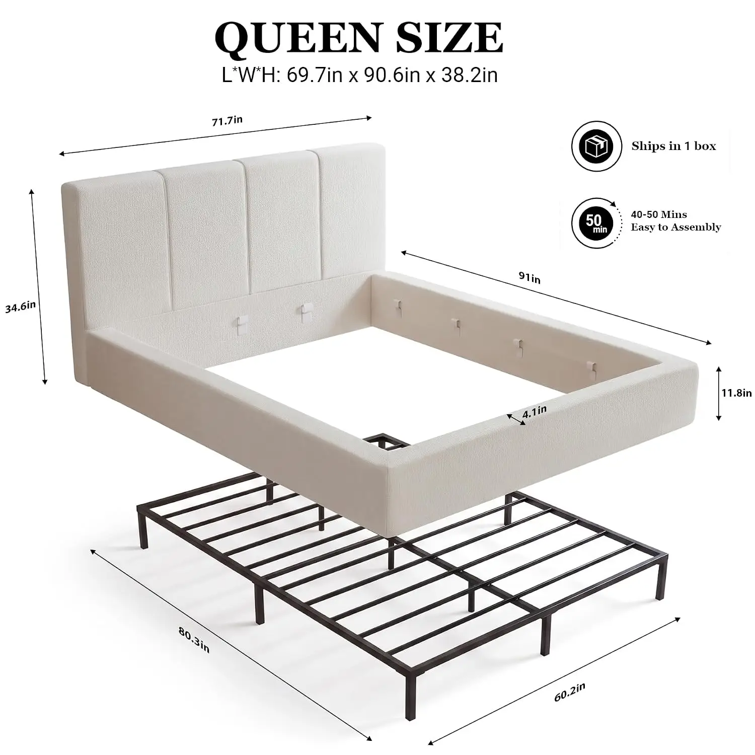Chenille Queen Platform Bed, Channel Headboard, Foam-Padded Surround, No Box Spring, Easy Assembly, Cream, Customized