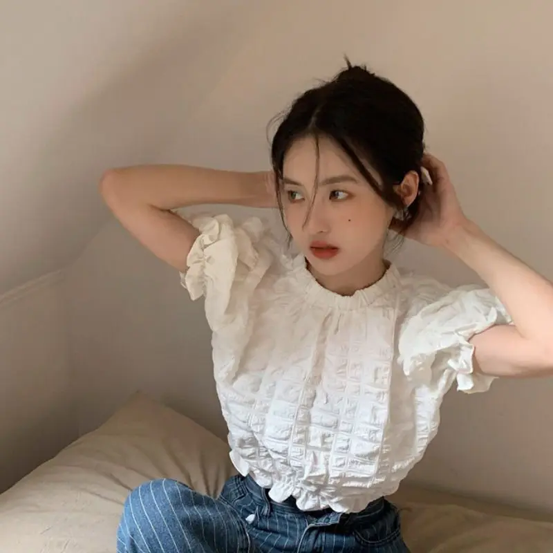 Folds Shirts and Blouses Korea Ruffles Fashion Woman Blouse 2024 Short Sleeve Ladies Top Female O-neck Casual Clothes 2024 New