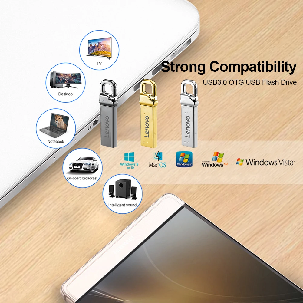 Lenovo-Clé USB 3.0 en métal haute vitesse, clé USB portable, mémoire étanche, disque flash, 1 To, 512 Go, 2 To