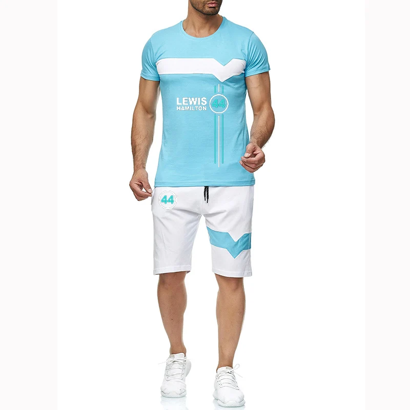 F1 driver Lewis Hamilton digital 44 summer men's casual T-shirt+shorts new four-color splicing short sleeve two-piece suit