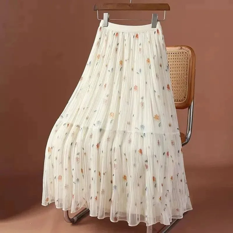 

Новая летняя женская юбка из сетки с принтом, с завышенной талией, плиссированная, из тюля, средней длины, А-силуэта, с драпировкой, расклешенная