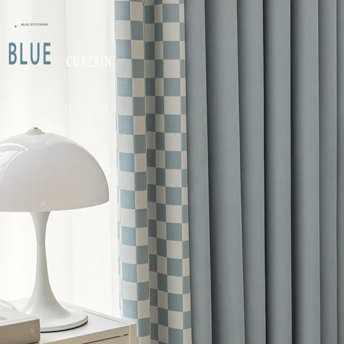 New Baby Blue Plaid Jacquard Splicing Chenille Curtains for Living Room Bedroom French Window Customized Products