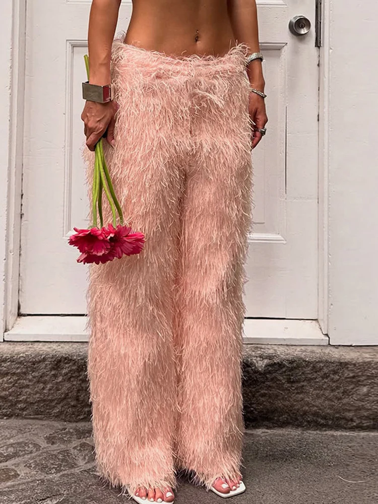 Kricesseen High Street couleur unie gland frangé jambes larges pantalon fausse fourrure pantalon femmes taille haute fourrure pantalon tenue de nuit