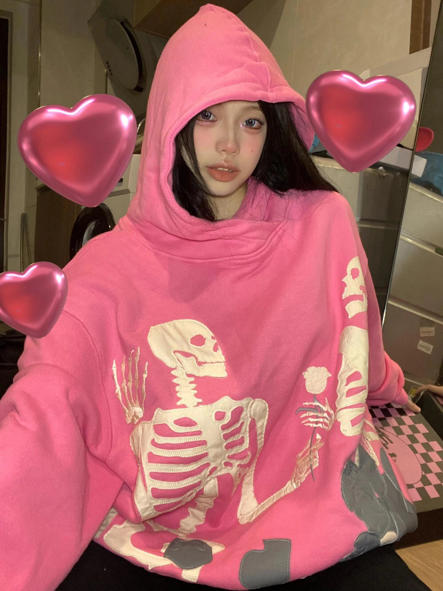 

Ретро-худи в американском стиле для женщин: весенняя модель с принтом «Розы и черепа», плотная, с длинными рукавами, свободного кроя, повседневная, модная, удобная, из хлопка.