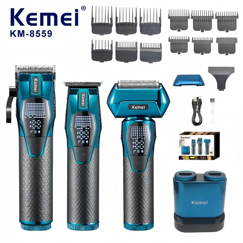 Kemei KM-8559 Professional Hair Clipper Kit, Detachable Battery Design,LED Digital Display,Salon-Grade Hair Trimmer Shaver Combo
