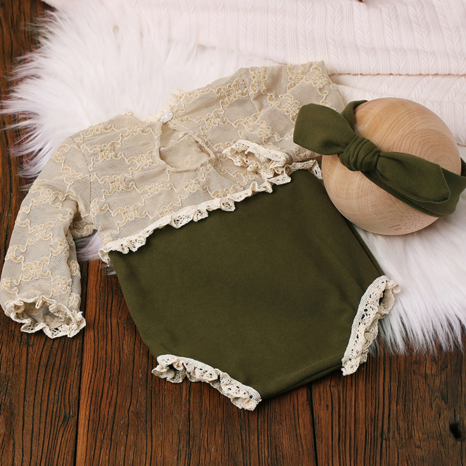 Ylsteed Contrast Color 2 Pieces Set Newborn Green Lace Romper Jumpsuit Rabbit Headband Set Baby Boy Girl Photography Clothes