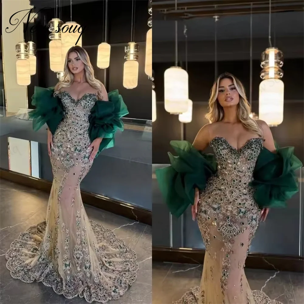 Vestidos de sirena verde para celebridades con volantes y hombros, vestido de fiesta elegante con cuentas y cristales, vestido de noche personalizado 2026