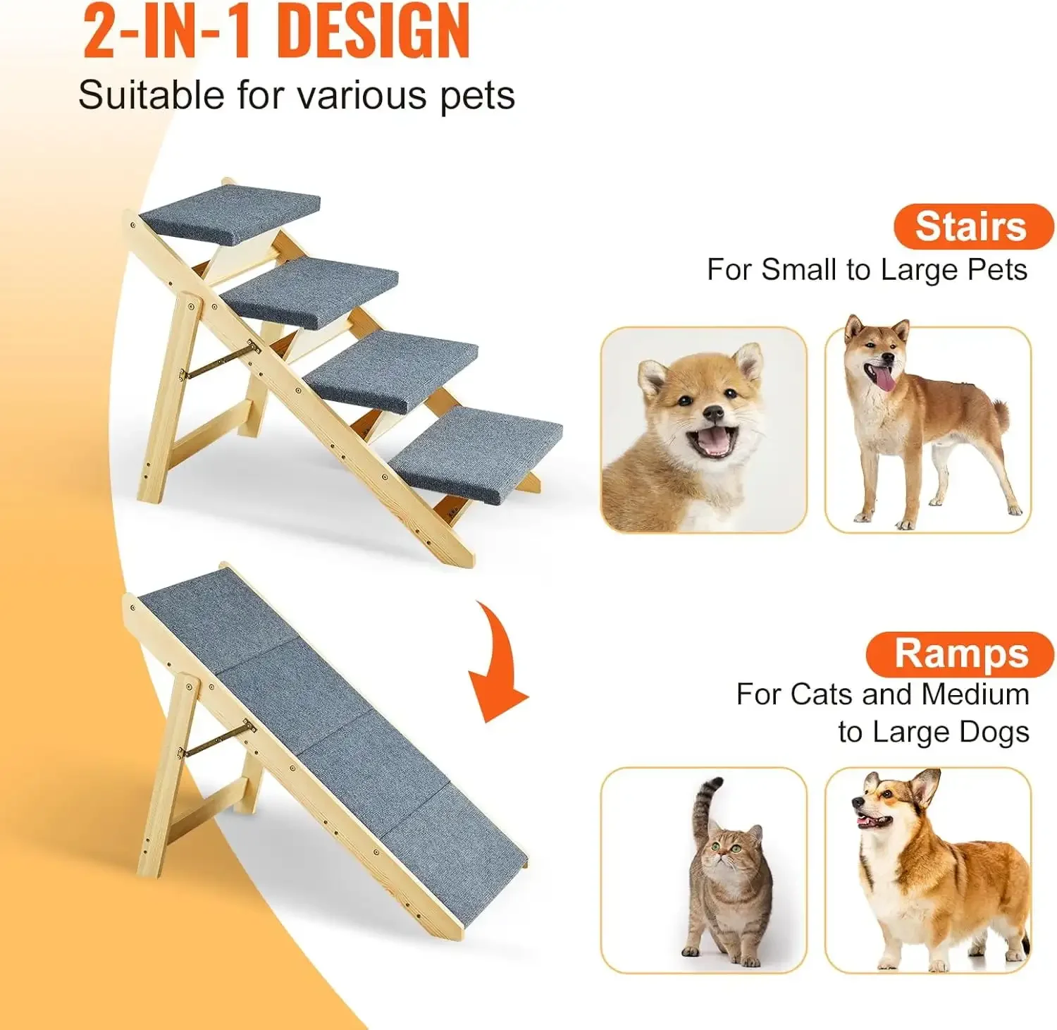 Wood Pet Stairs/Pet Steps, 2-in-1 Foldable Wooden Dog Stair for Beds, Sofa and Cars