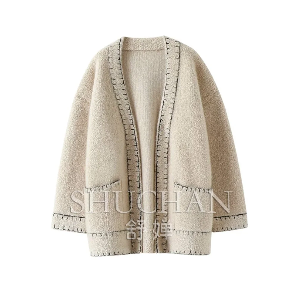 New Warm Pullover Heavy Thickened 1000g Medium and Long 100% Cashmere Cardigan Women's Pure Cashmere Jacket
