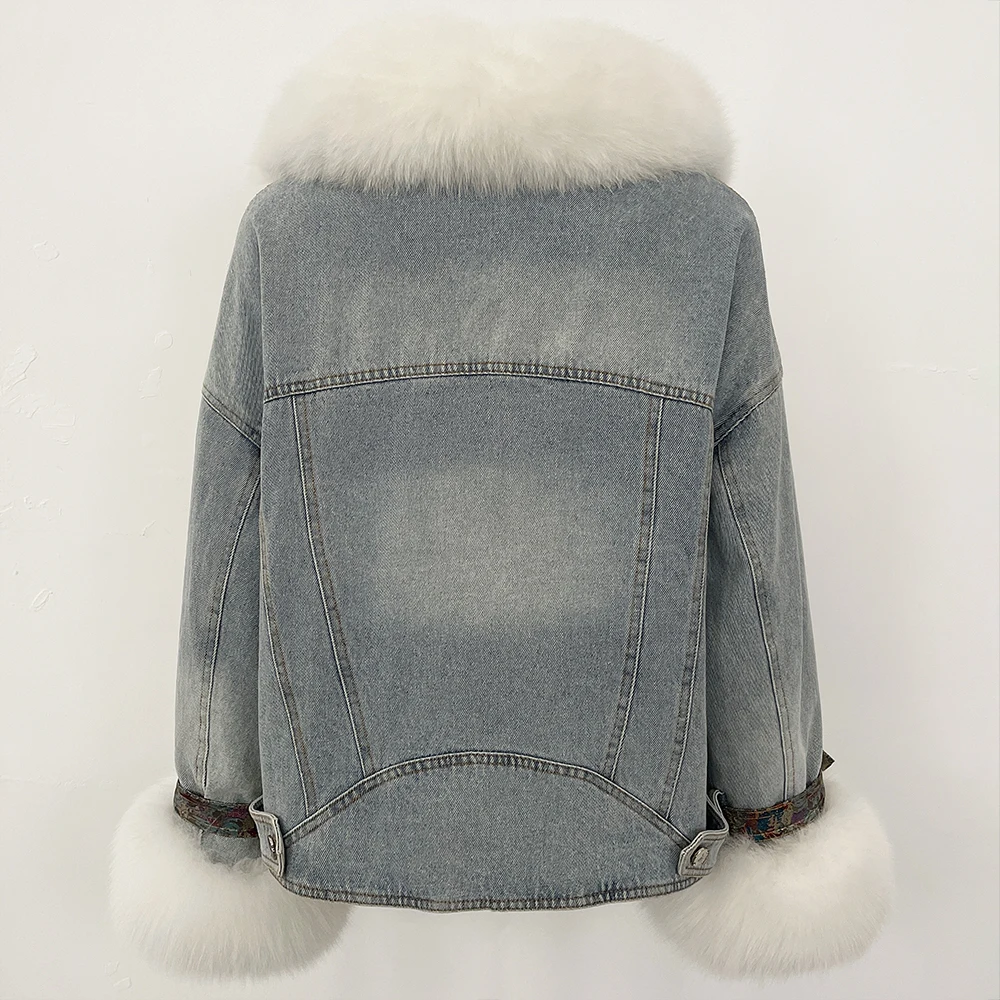 MENINA nuovi vestiti autunno inverno femminile vera pelliccia di volpe piumino d'oca coperchio interno giacca di jeans donna spessa pelliccia calda piumino signora