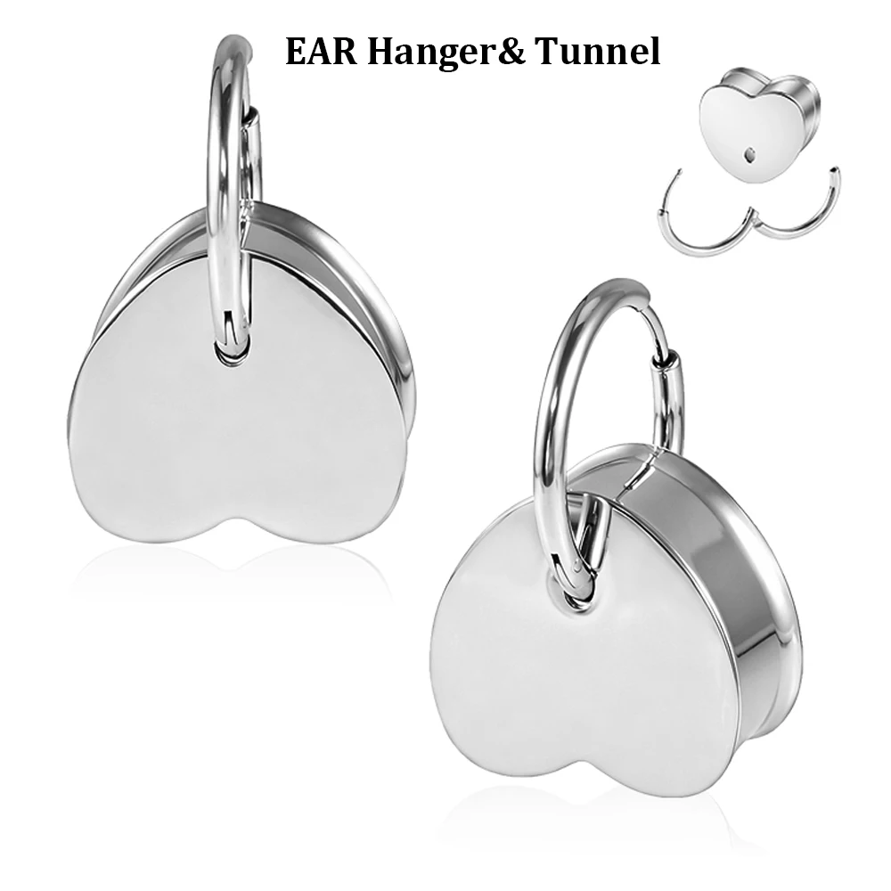 1Pair Hign Quality 316L Surgical Steel Heart Flared Pendant Plug Ear Hanger 2-in-1 Round Click Ear Hnager Piercing Bodyjdwelry