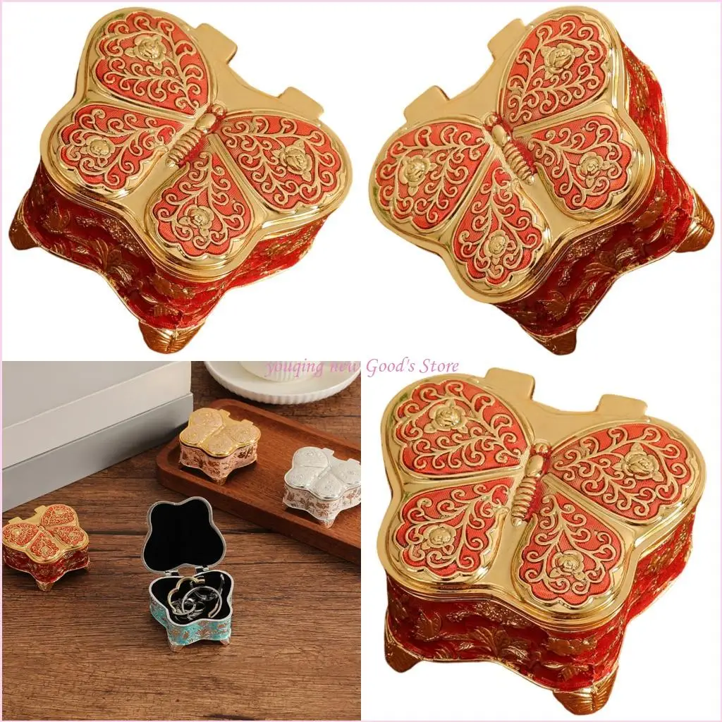 

57QA Elegant Metal Jewelry Case Portable Organizers Earrings Displaying Box with Butterfly for Necklace Bracelet Rings