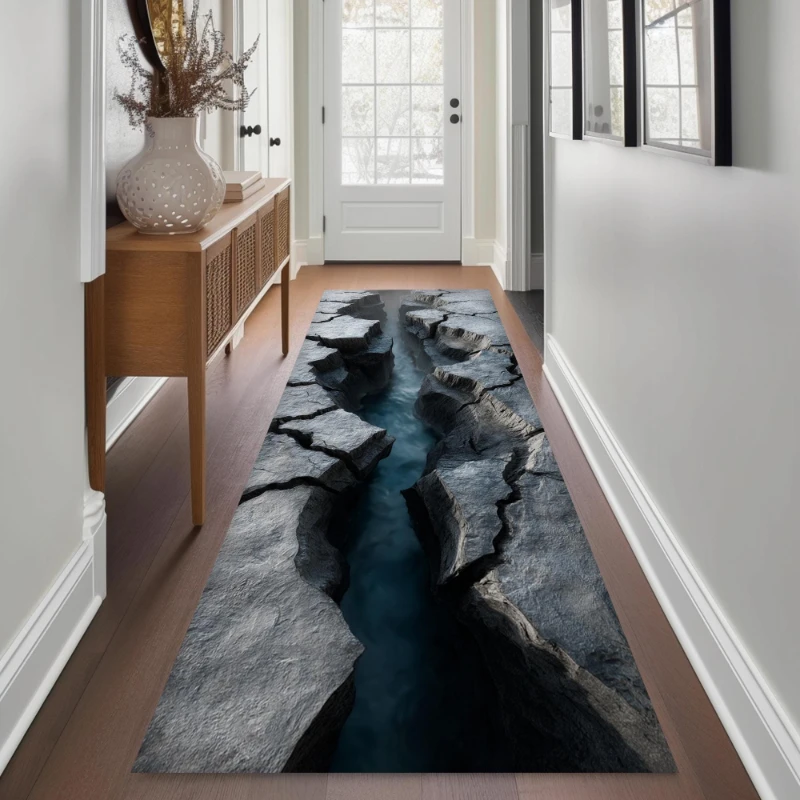 Vintage Black White Crack Stone Border print Runner Rug,Bathroom,Kitchen,Entryway,Washable Runner Rug,Housewarming Present