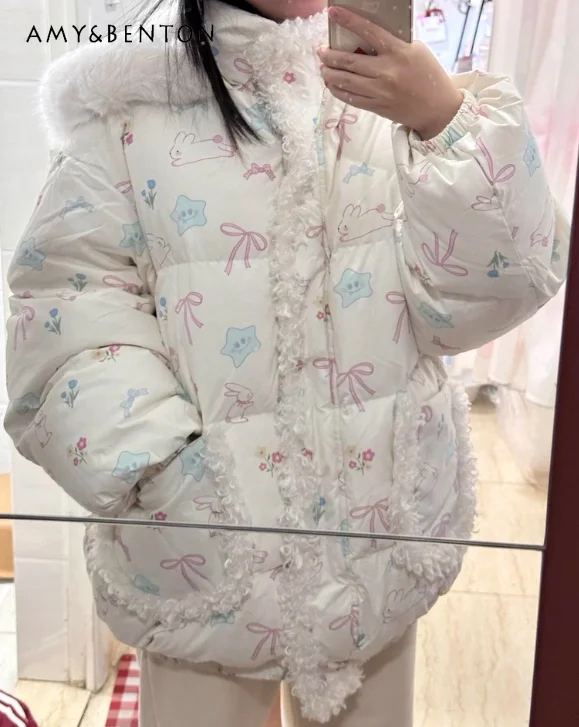 

Winter Sweet Cute Style Star Rabbit Cartoon Fur Collar Hooded Cotton Jacket for Women Thickened Warm Loose Casual Cotton Coat