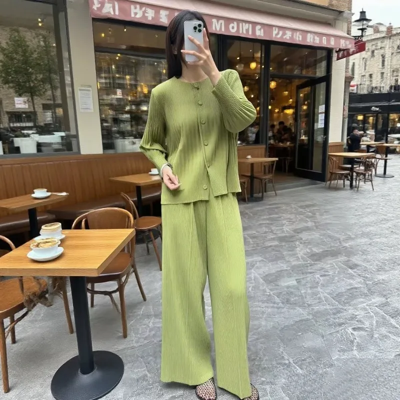 Miyake Pleated Pants Set 2026 Autumn New Solid Round Neck Single Row Multi-Button Cardigan Top Casual Straight Loose Women's Set