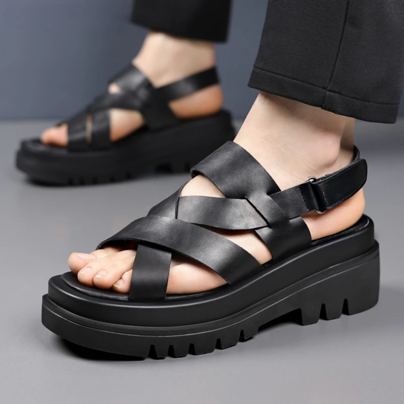 Summer Roman Sandals for Men's 7cm Elevated Shoes Genuine Leather Height Increasing Sandals Comfortable Thick Bottom Beach Shoes
