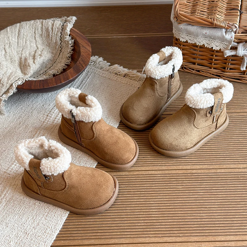 Toddler Faux‑Suede Winter Boots, Folded Shearling Collar Hook‑Loop Soft‑Sole Plush Lined Boots