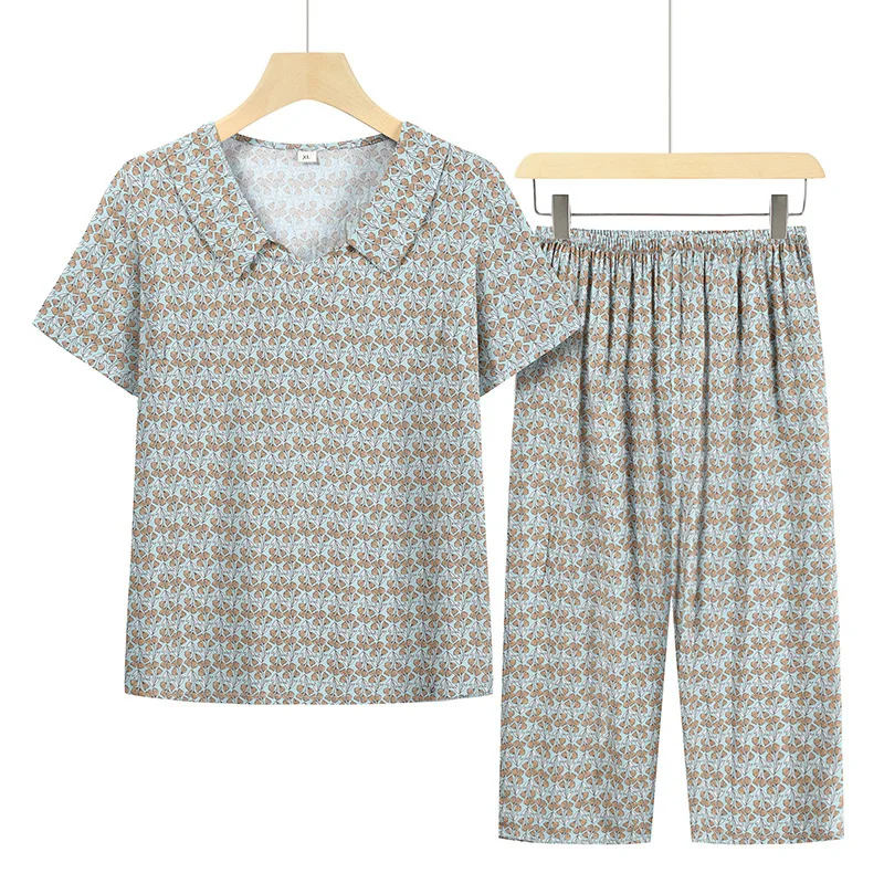 Mutter im mittleren Alter zu Hause Anzug für Frauen 2 Stück Set Outfit Nachtwäsche Sommer Pyjama Set Revers Pijama Feminino Blumen pyjama