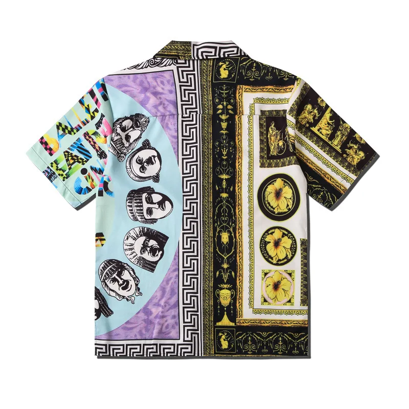 Fashion Patchwork Short Sleeve Oversized Hawaiian Beach Shirts For Men Summer New Mens Vintage Ethnic Style Print Striped Shirt