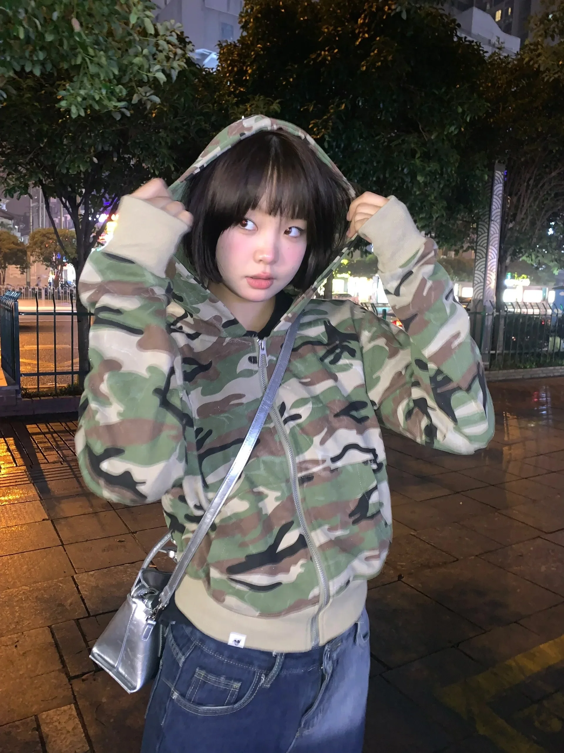 Fall Japanese Y2k Cropped Jacket Vintage Harajuku Short Coat 2000s Korean Fashion Camouflage Zipper Hooded Sweatshirt Grunge