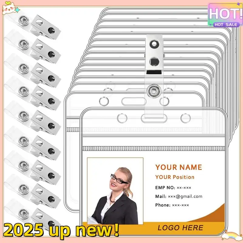 L47A-50 Pcs Horizontal Badge Holder With Metal Clips Clear Name Tag Badge Holders With Waterproof