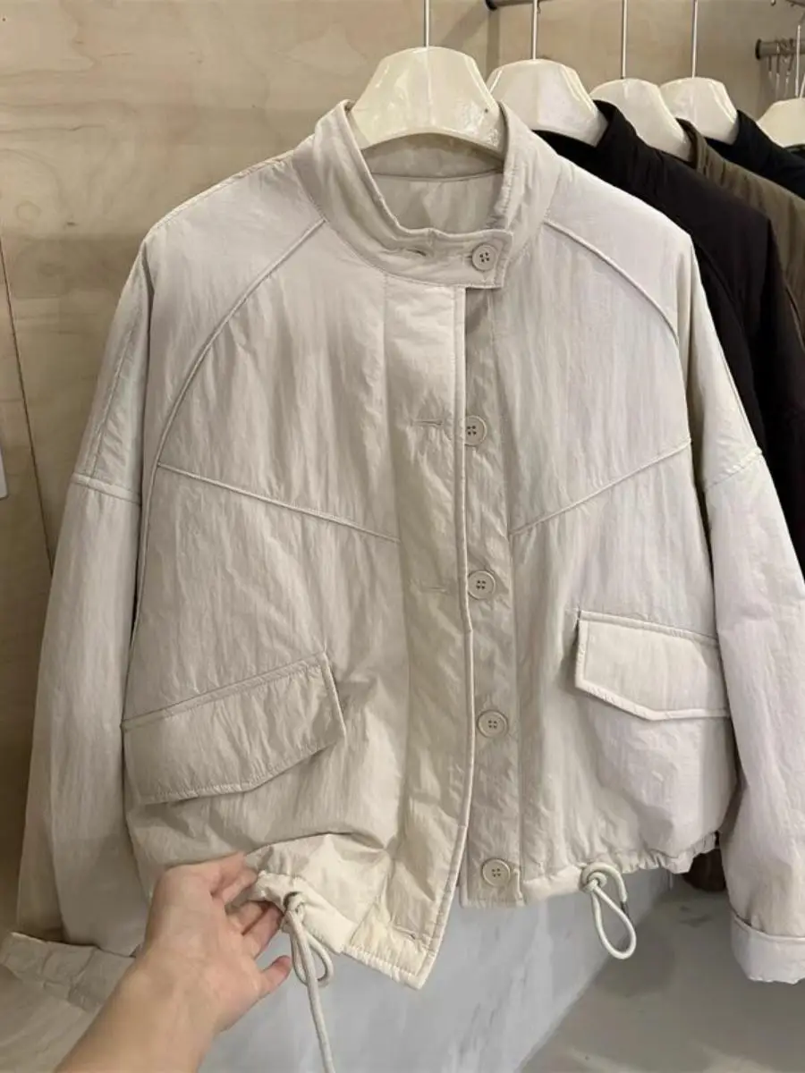 

Women's Cotton Jacket Short Warm Workwear Style Loose Fit Casual Autumn Winter New Arrival Button up Long Sleeve Stand Collar