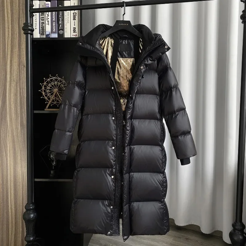 Careaymade-Winter Black Gold White Duck Down Mid-Length Down Jacket Women's Clothing Chic Hooded Windproof Below The Knee Warm