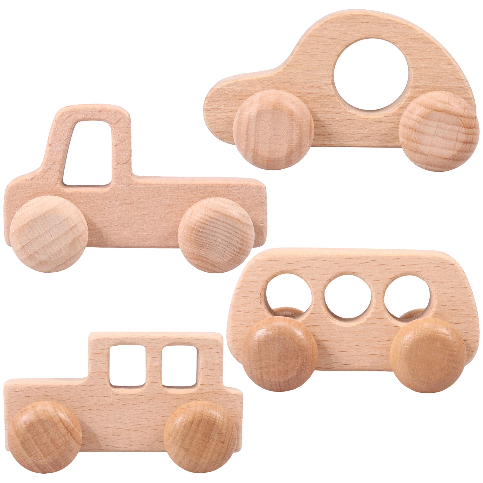 4Pcs Wooden Toys Cars for Babies 6 to 12 Months Baby Holding Car Wood Toy Baby Chewing Toys Montessori Cute Wooden Car Toy