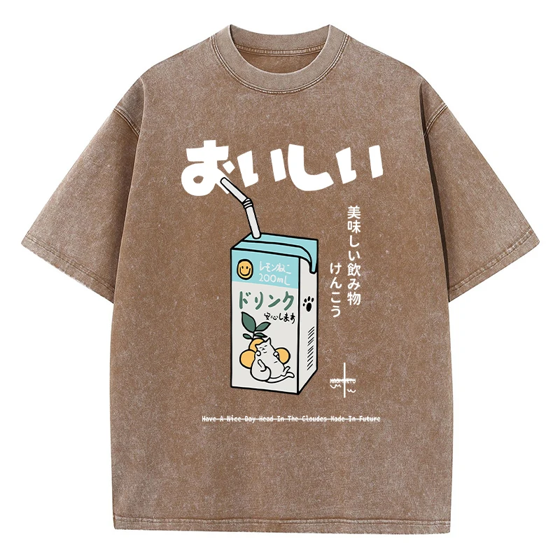 Casual Women Cotton Washed T-Shirt Cartoon Drink Pattern Printing Short Sleeve Loose O-Neck Tee Shirt Vintage Female Clothes