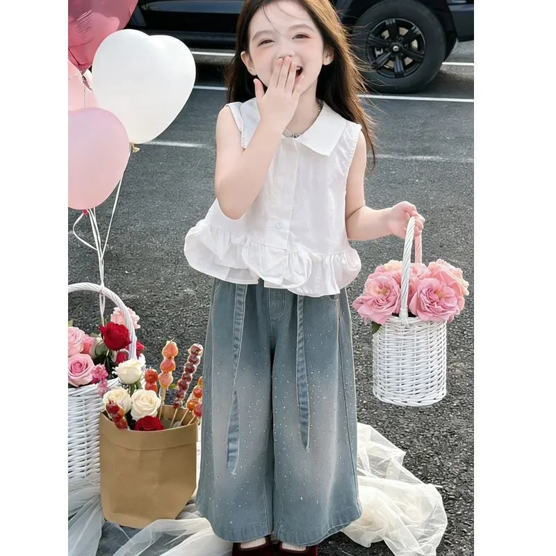 

Girls' Spring Set New Fashionable Children's Summer Sleeveless Top Casual Shiny Diamond Jeans Two-piece Set