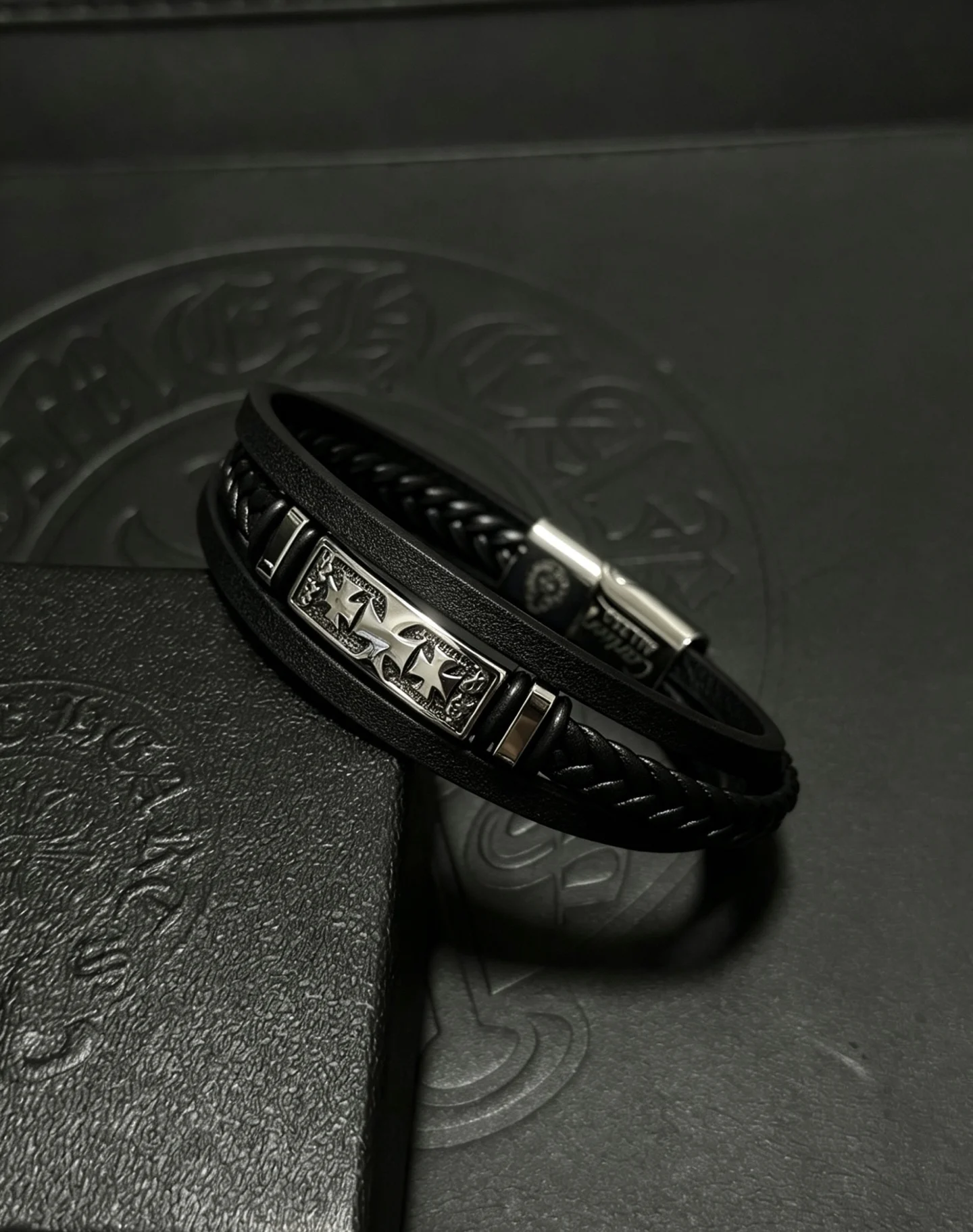 S925 Sterling Silver Vintage Vintage Cross Handwoven Multilayer Leather Rope Bracelet Men's Braided Bracelet