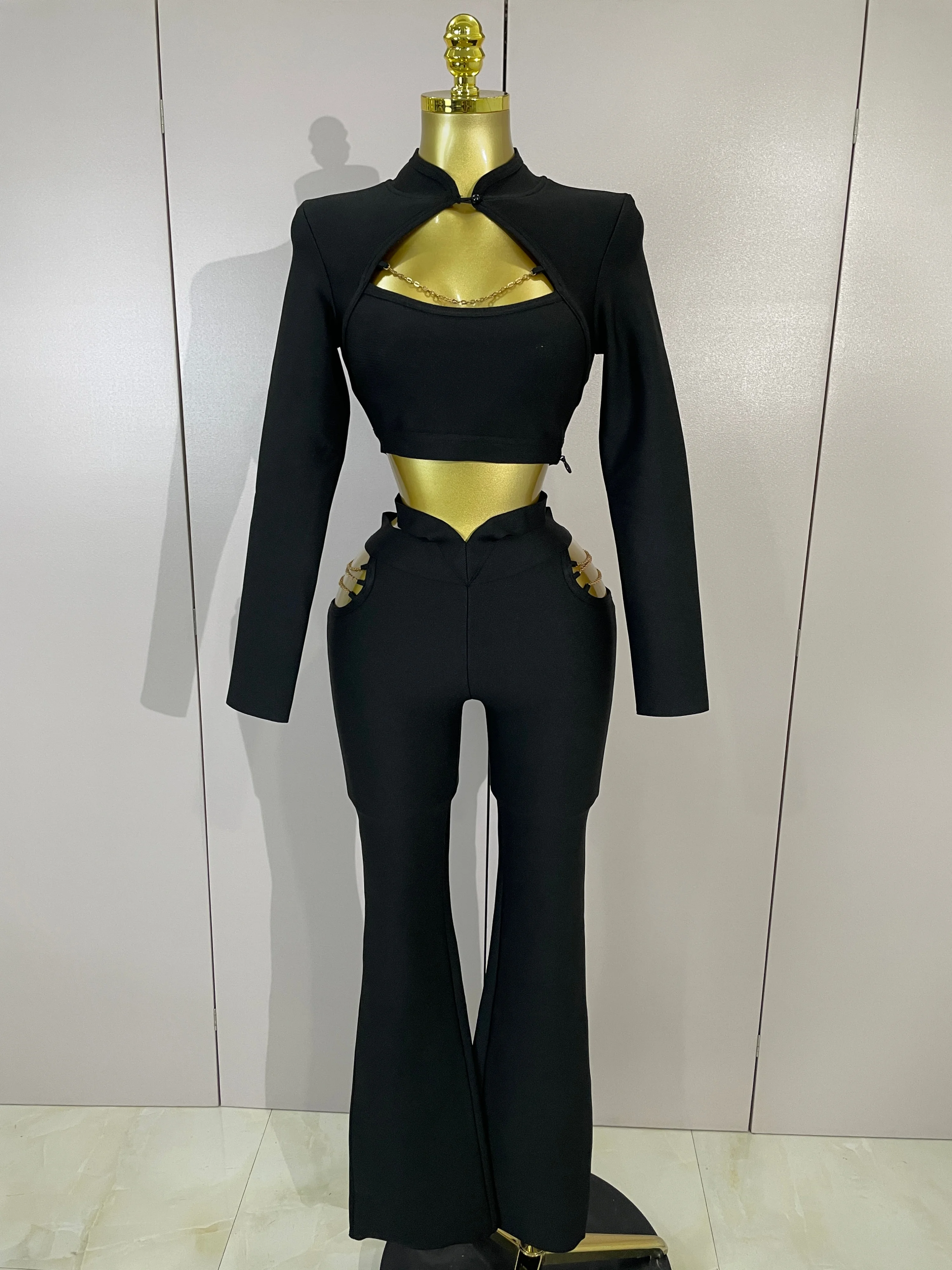 

Women Sexy Long Sleeve Hollow Out Bodycon Black Two Pieces Pants Bandage Set Celebrity Designer Fashion High Quality Women's Set
