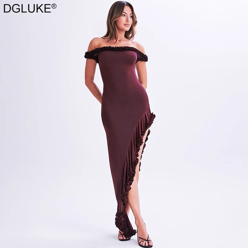 

DGLUKE Burgundy Off Shoulder Maxi Dress Women Backless Frilly Asymmetrical Long Dress Sexy Party Dress For Women 2025